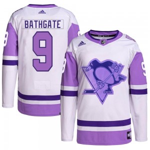 Men's Adidas Pittsburgh Penguins Andy Bathgate White/Purple Hockey Fights Cancer Primegreen Jersey - Authentic