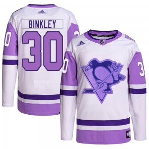 Men's Adidas Pittsburgh Penguins Les Binkley White/Purple Hockey Fights Cancer Primegreen Jersey - Authentic