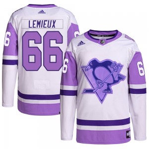 Men's Adidas Pittsburgh Penguins Mario Lemieux White/Purple Hockey Fights Cancer Primegreen Jersey - Authentic