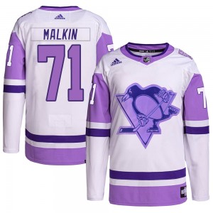 Men's Adidas Pittsburgh Penguins Evgeni Malkin White/Purple Hockey Fights Cancer Primegreen Jersey - Authentic