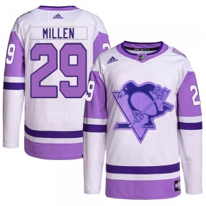 Men's Adidas Pittsburgh Penguins Greg Millen White/Purple Hockey Fights Cancer Primegreen Jersey - Authentic