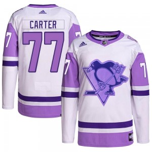 Youth Adidas Pittsburgh Penguins Jeff Carter White/Purple Hockey Fights Cancer Primegreen Jersey - Authentic