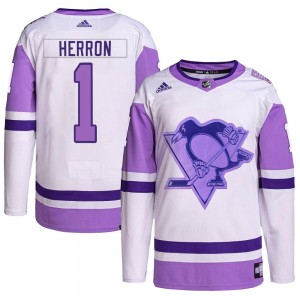 Youth Adidas Pittsburgh Penguins Denis Herron White/Purple Hockey Fights Cancer Primegreen Jersey - Authentic