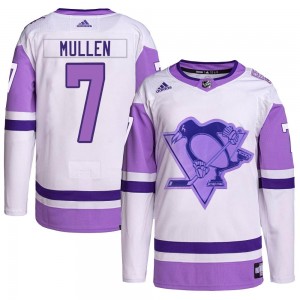 Youth Adidas Pittsburgh Penguins Joe Mullen White/Purple Hockey Fights Cancer Primegreen Jersey - Authentic